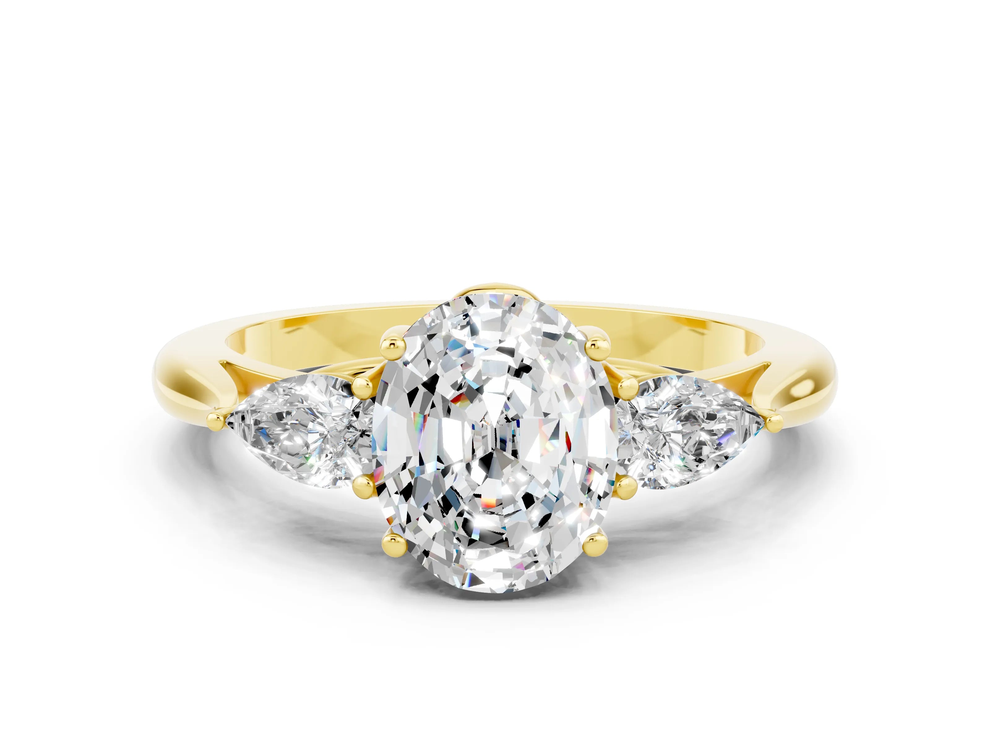 Yellow gold Oval Cut Moissanite Three-Stone Ring with Pear Side Stones and Four-Prong Setting_36