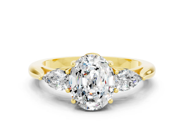 Yellow gold Oval Cut Moissanite Three-Stone Ring with Pear  Side Stones and Prong Setting