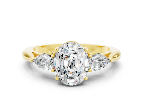 Yellow gold Oval Cut Moissanite Three-Stone Ring with Pear Side Stones and Four-Prong Setting_36