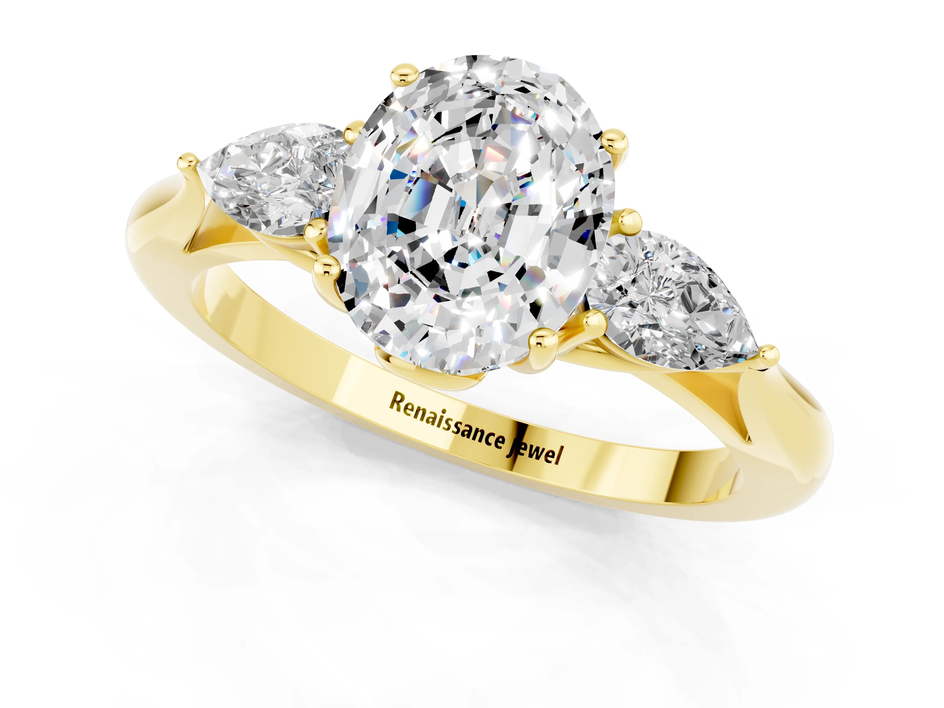 Yellow gold Oval Cut Moissanite Three-Stone Ring with Pear Side Stones and Four-Prong Setting_37