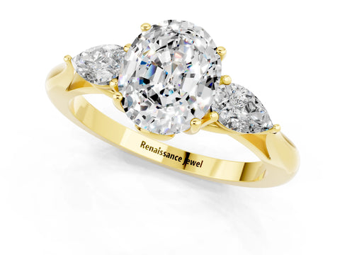 Yellow gold Oval Cut Moissanite Three-Stone Ring with Pear Side Stones and Four-Prong Setting_37
