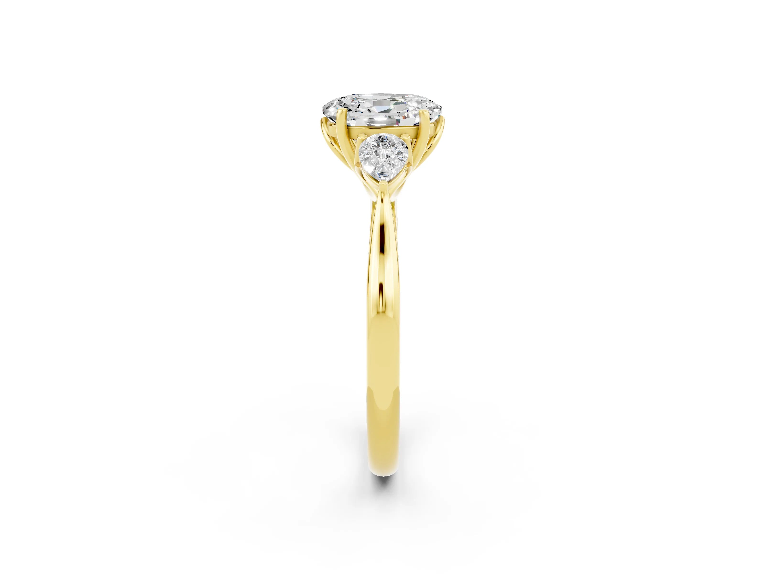 Yellow gold Oval Cut Moissanite Three-Stone Ring with Pear Side Stones and Four-Prong Setting_38