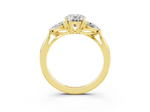 Yellow gold Oval Cut Moissanite Three-Stone Ring with Pear  Side Stones and Prong Setting