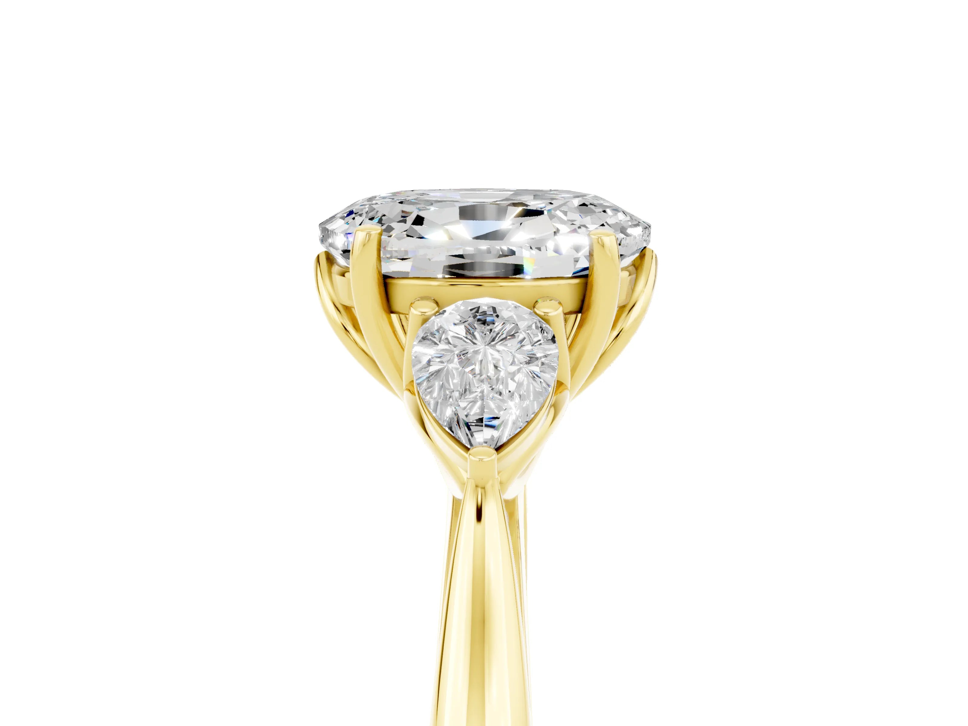 Yellow gold Oval Cut Moissanite Three-Stone Ring with Pear Side Stones and Four-Prong Setting_41