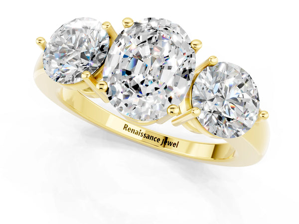 Yellow gold Oval Cut Moissanite Three-Stone Ring with Prong Setting and Classic Band