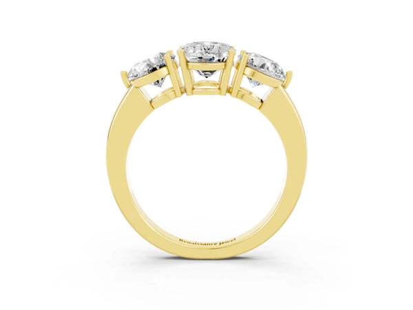 Yellow gold Oval Cut Moissanite Three-Stone Ring with Prong Setting and Classic Band