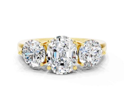 Yellow gold Oval Cut Moissanite Three-Stone Ring with Prong Setting and Classic Band