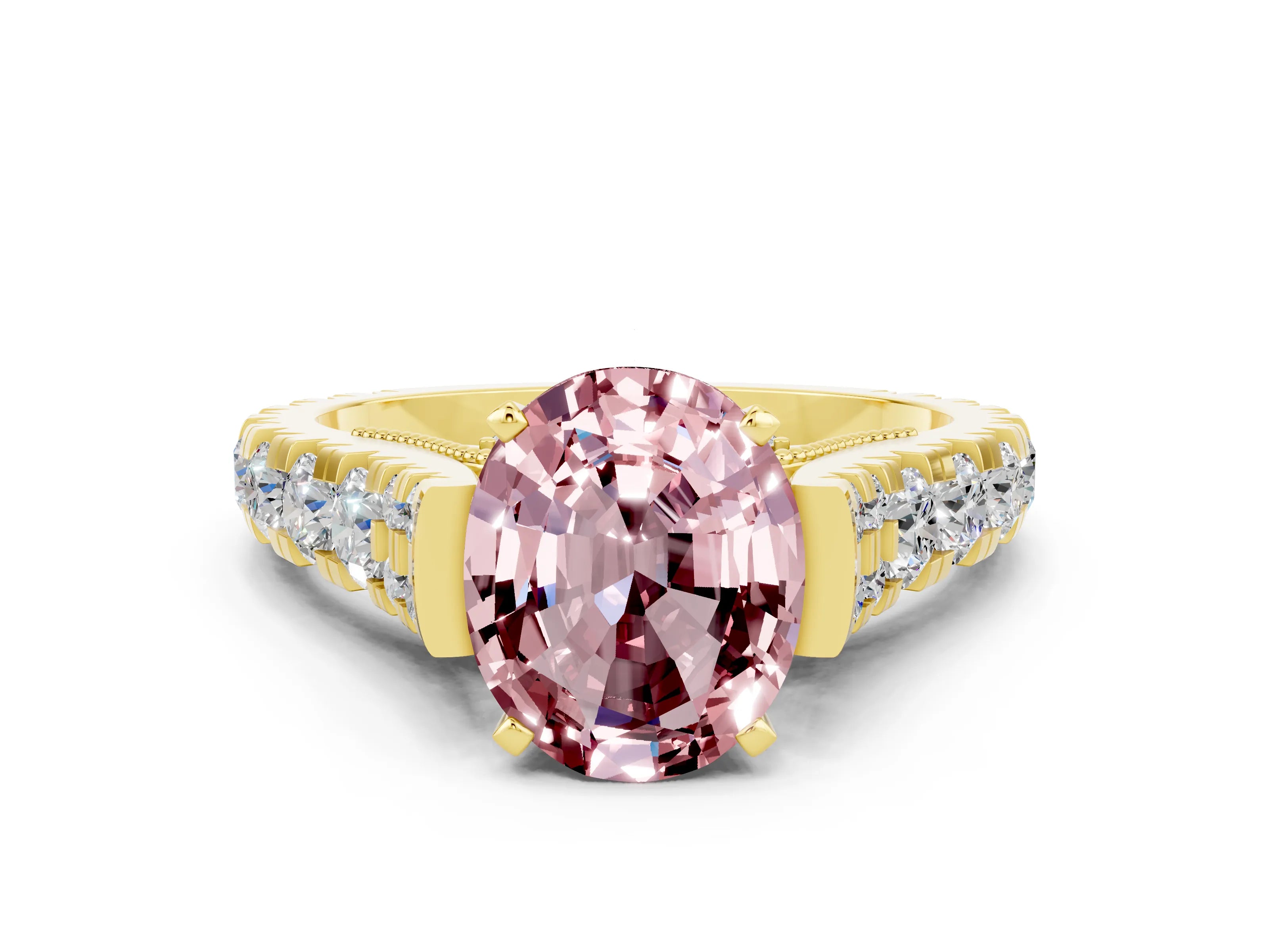 Yellow gold Oval Cut Morganite Classic Solitaire Ring with Pavé Band and Four-Prong Setting