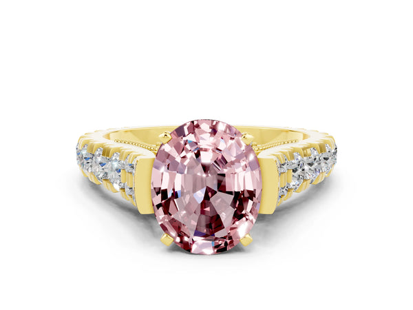 Yellow gold Oval Cut Morganite Classic Solitaire Ring with Pavé Band and Four-Prong Setting