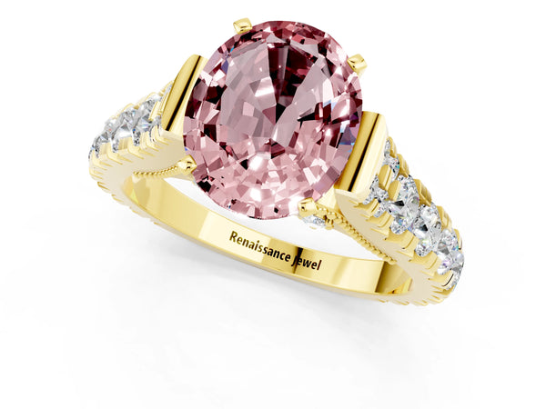 Yellow gold Oval Cut Morganite Classic Solitaire Ring with Pavé Band and Four-Prong Setting