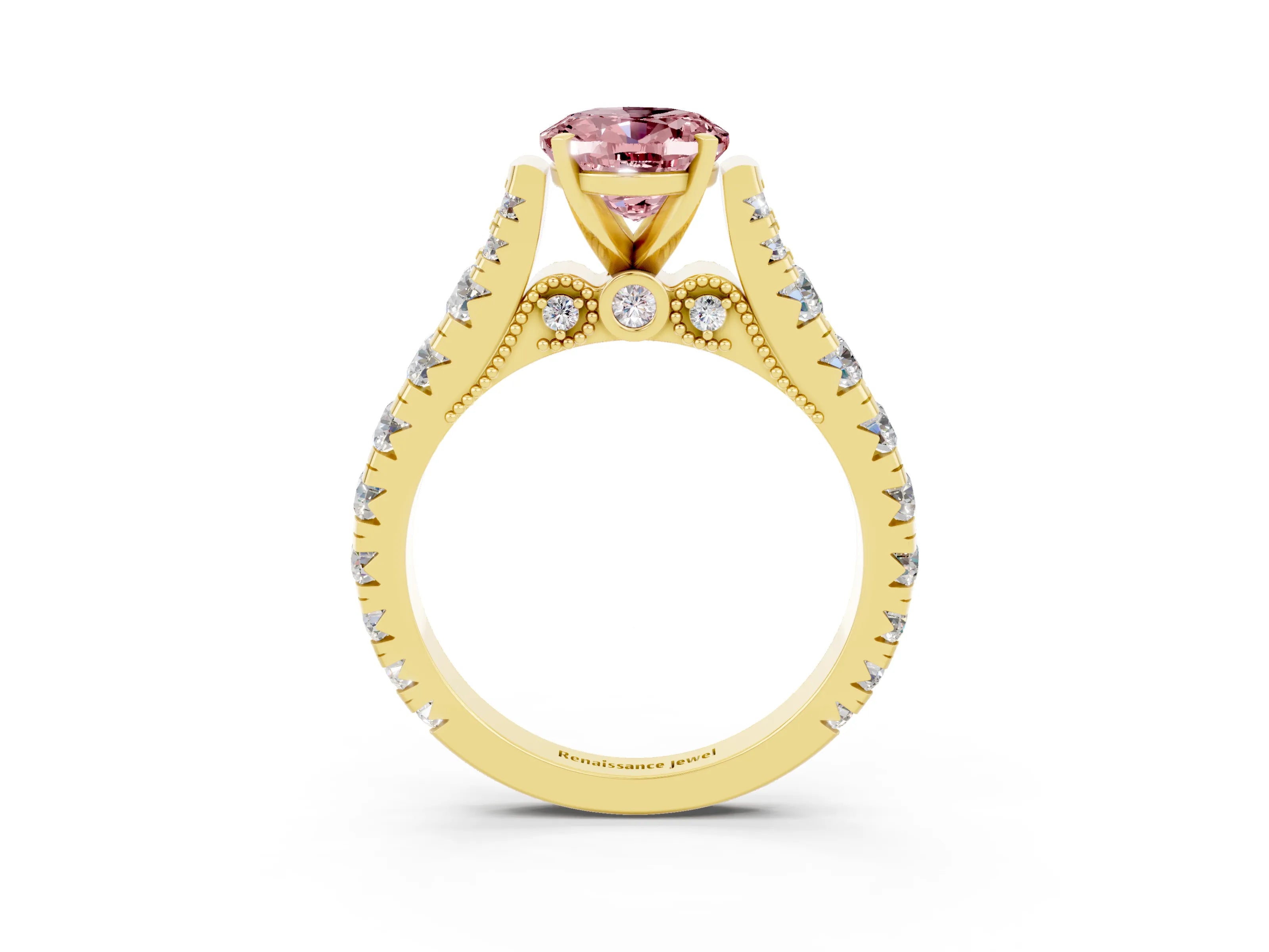 Yellow gold Oval Cut Morganite Classic Solitaire Ring with Pavé Band and Four-Prong Setting_3