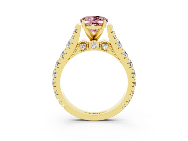 Yellow gold Oval Cut Morganite Classic Solitaire Ring with Pavé Band and Four-Prong Setting