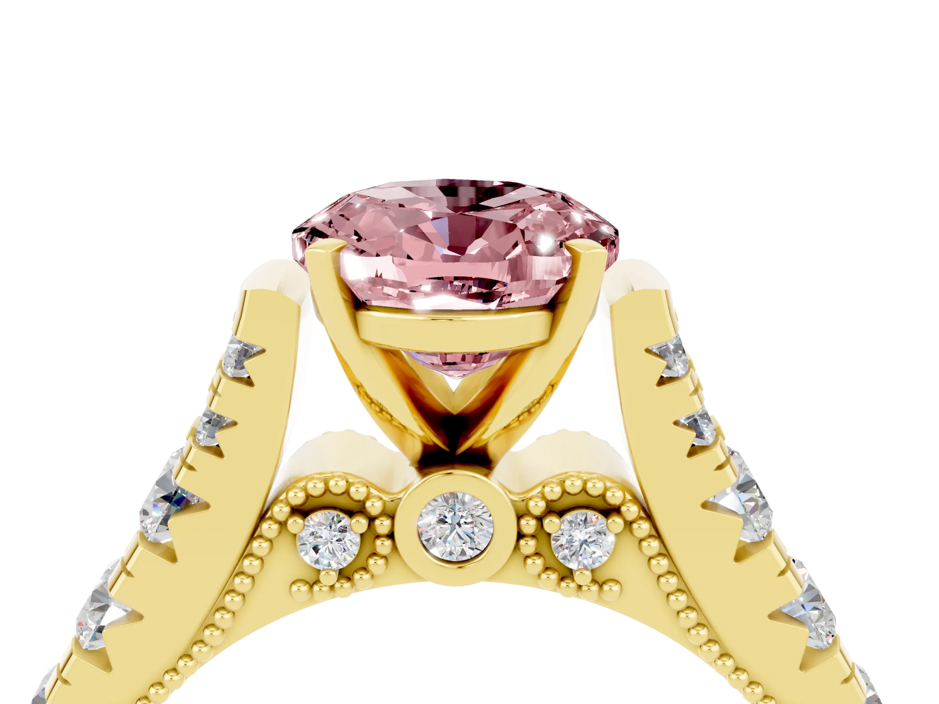 Yellow gold Oval Cut Morganite Classic Solitaire Ring with Pavé Band and Four-Prong Setting_4
