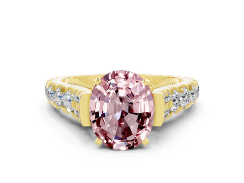 Yellow gold Oval Cut Morganite Classic Solitaire Ring with Pavé Band and Four-Prong Setting