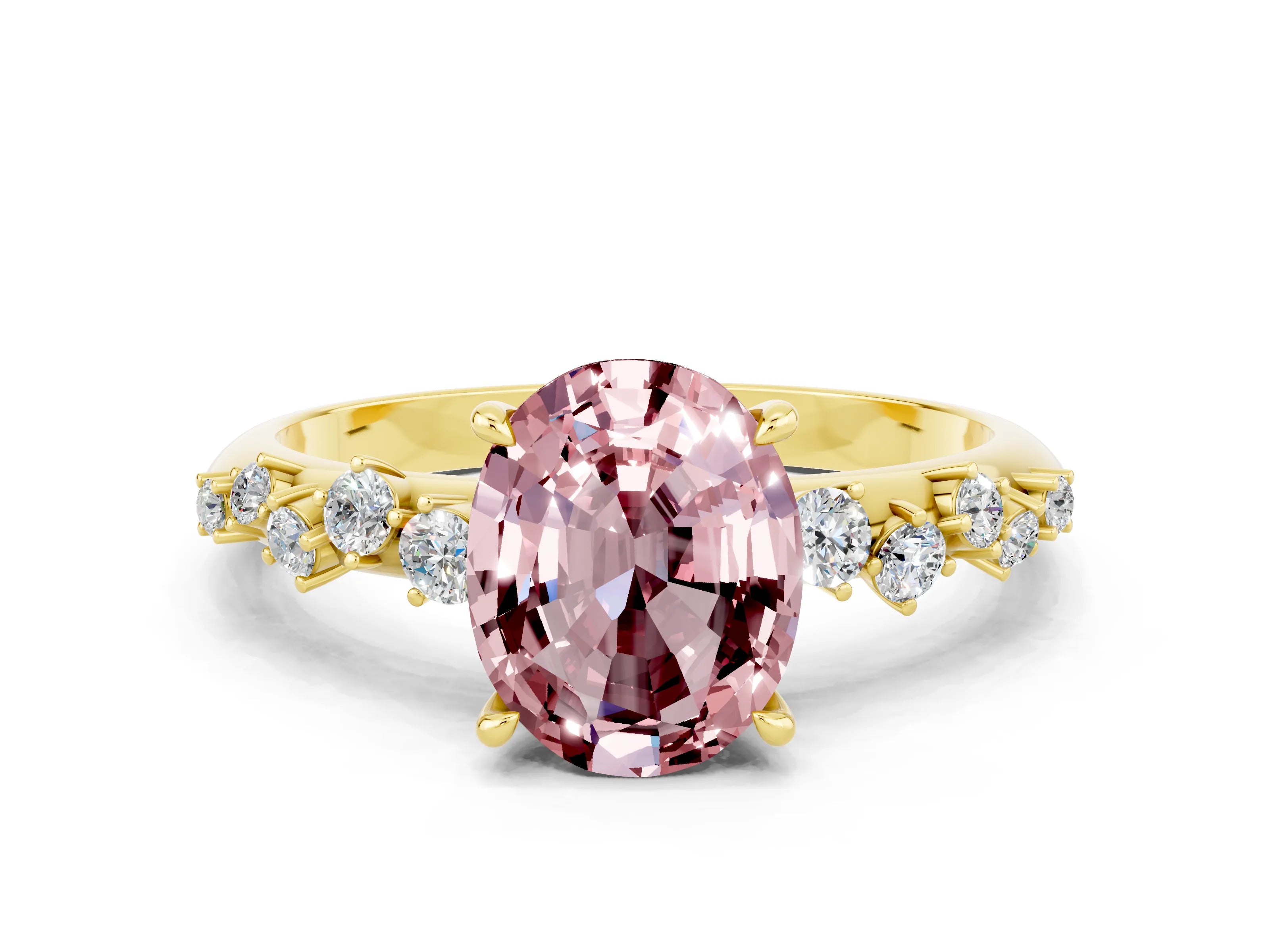 Yellow gold Oval Cut Morganite Cluster Side Stone Solitaire Ring with Prong Setting_24