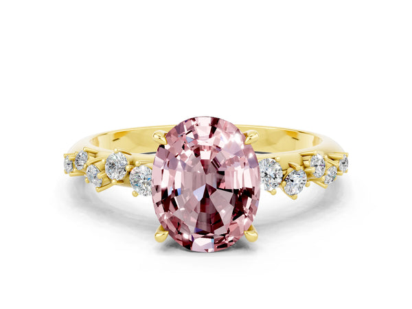 Yellow gold Oval Cut Morganite Cluster Side Stone Solitaire Ring with Prong Setting