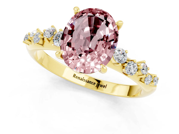 Yellow gold Oval Cut Morganite Cluster Side Stone Solitaire Ring with Prong Setting