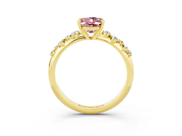 Yellow gold Oval Cut Morganite Cluster Side Stone Solitaire Ring with Prong Setting