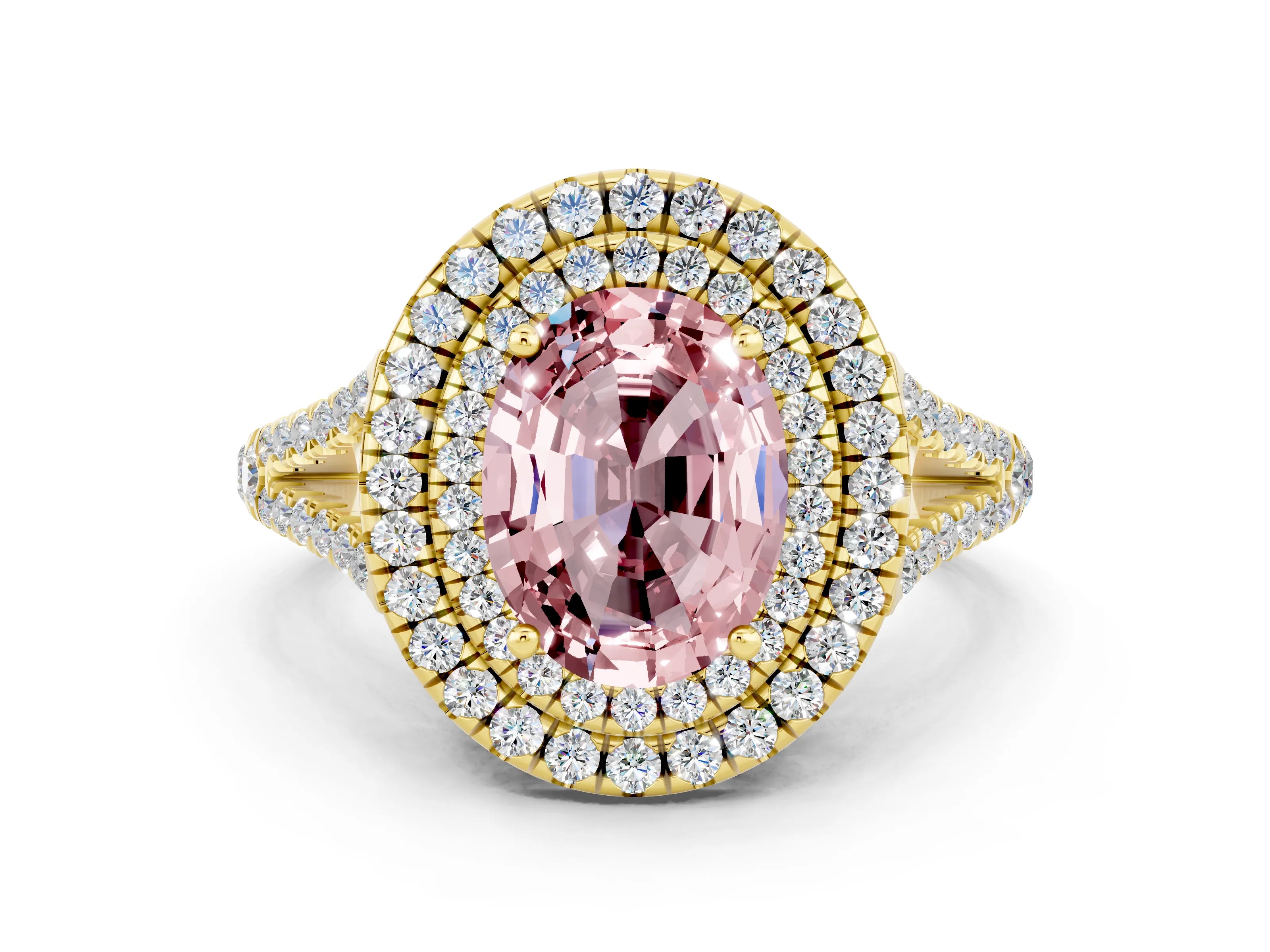 Yellow gold Oval Cut Morganite Double Halo Ring with Pavé Band and Prong Setting_12