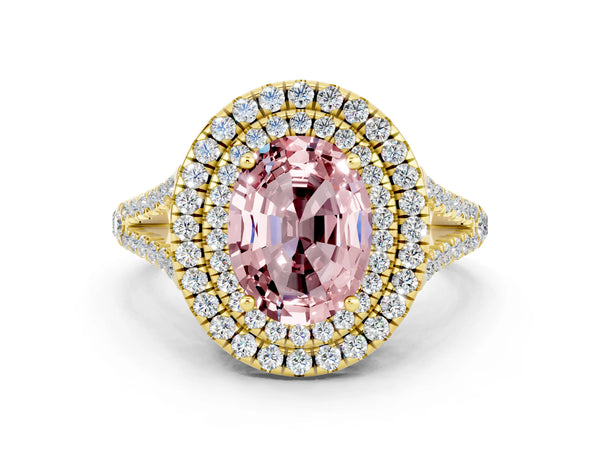 Yellow gold Oval Cut Morganite Double Halo Ring with Pavé Band and Prong Setting
