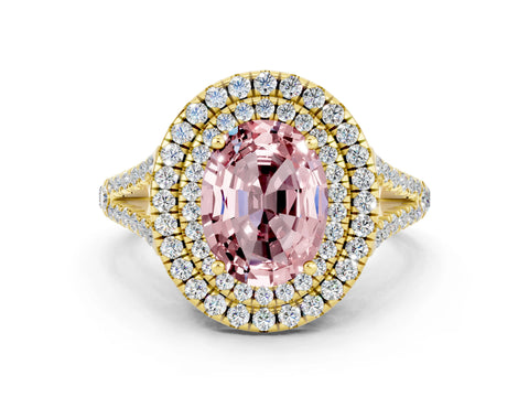 Yellow gold Oval Cut Morganite Double Halo Ring with Pavé Band and Prong Setting_12
