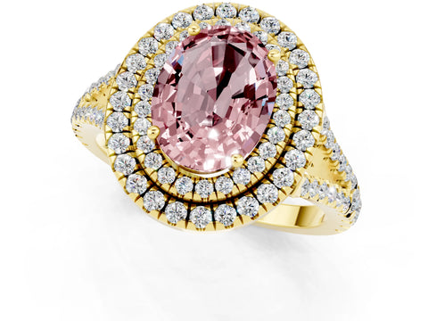Yellow gold Oval Cut Morganite Double Halo Ring with Pavé Band and Prong Setting_13