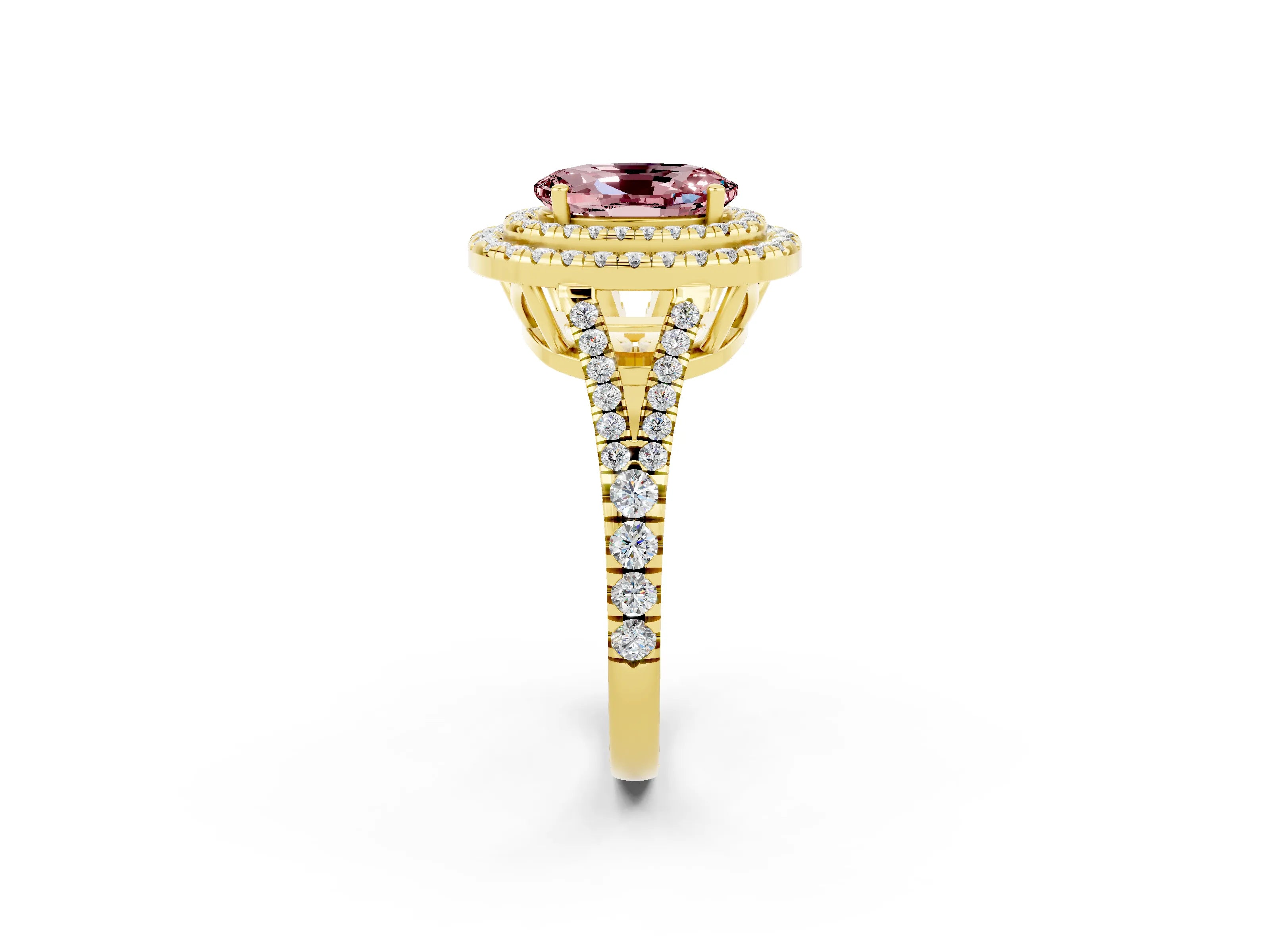Yellow gold Oval Cut Morganite Double Halo Ring with Pavé Band and Prong Setting_14