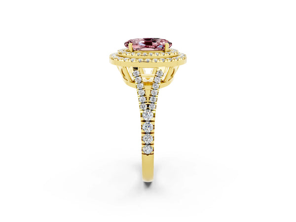 Yellow gold Oval Cut Morganite Double Halo Ring with Pavé Band and Prong Setting