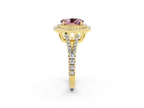 Yellow gold Oval Cut Morganite Double Halo Ring with Pavé Band and Prong Setting_14