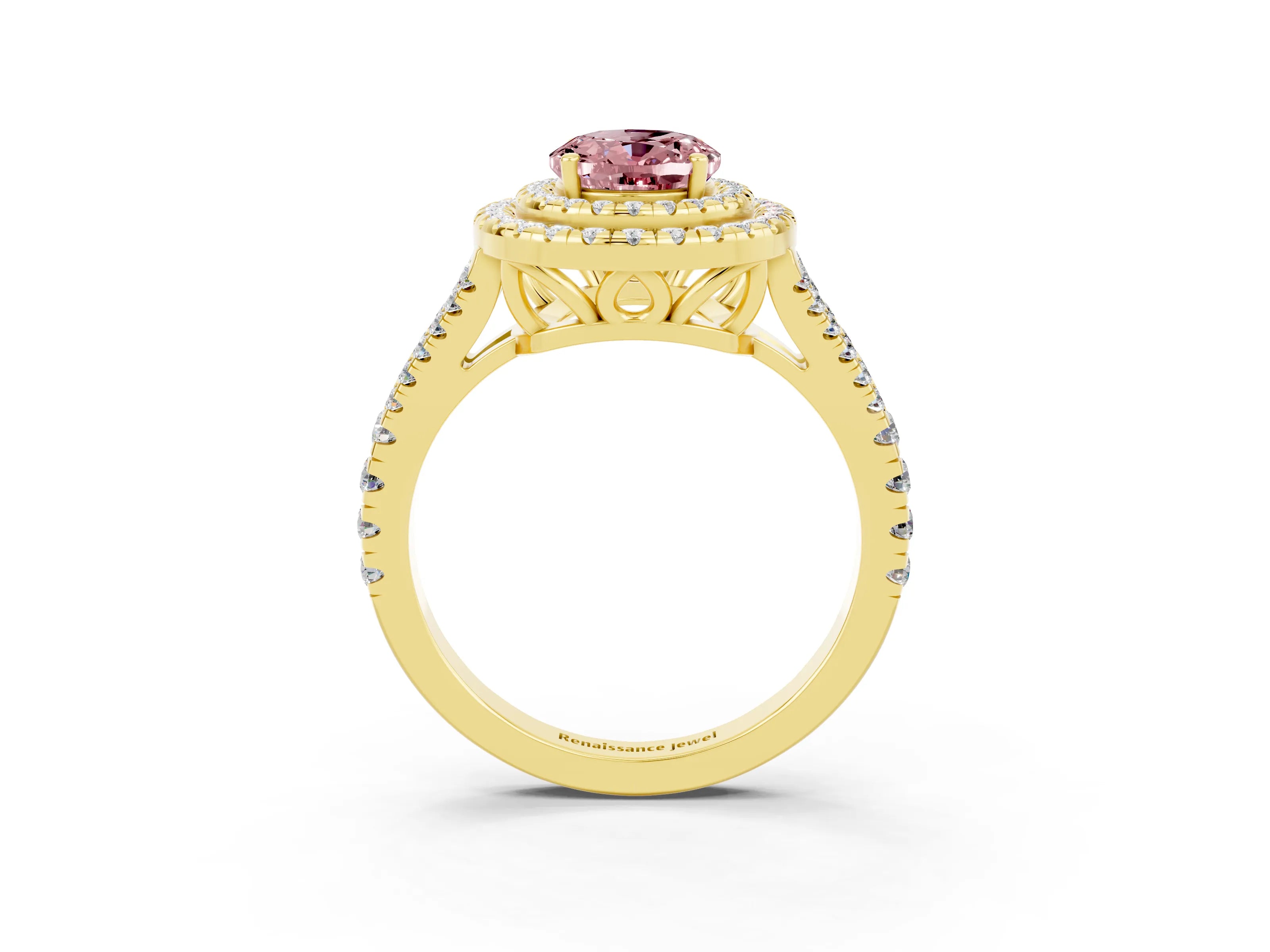 Yellow gold Oval Cut Morganite Double Halo Ring with Pavé Band and Prong Setting_15
