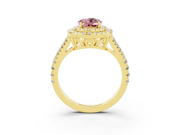 Yellow gold Oval Cut Morganite Double Halo Ring with Pavé Band and Prong Setting