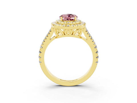 Yellow gold Oval Cut Morganite Double Halo Ring with Pavé Band and Prong Setting_15