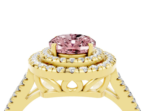 Yellow gold Oval Cut Morganite Double Halo Ring with Pavé Band and Prong Setting_16