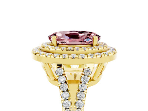 Yellow gold Oval Cut Morganite Double Halo Ring with Pavé Band and Prong Setting_17