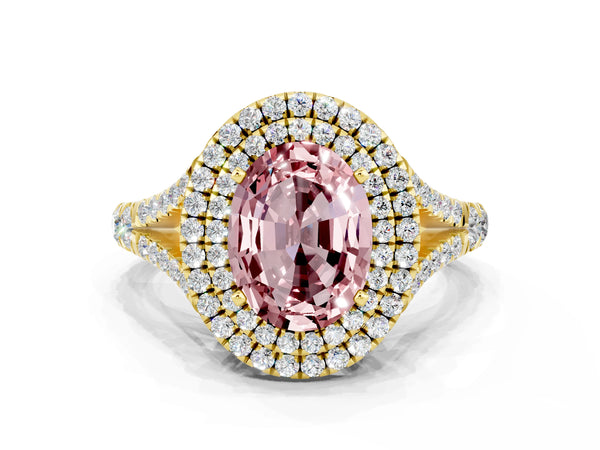Yellow gold Oval Cut Morganite Double Halo Ring with Split Shank and Prong Setting