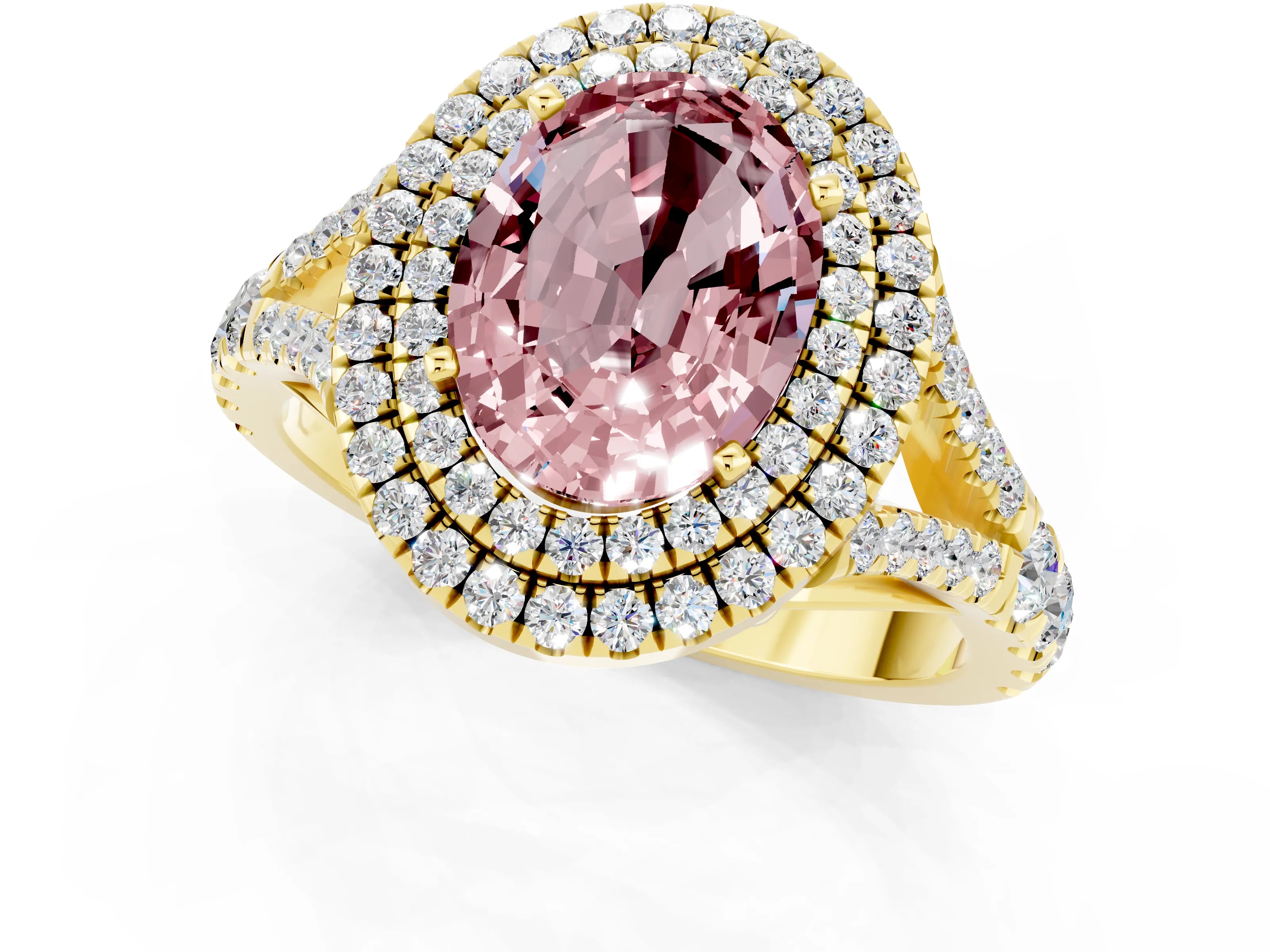 Yellow gold Oval Cut Morganite Double Halo Ring with Split Shank and Prong Setting_13