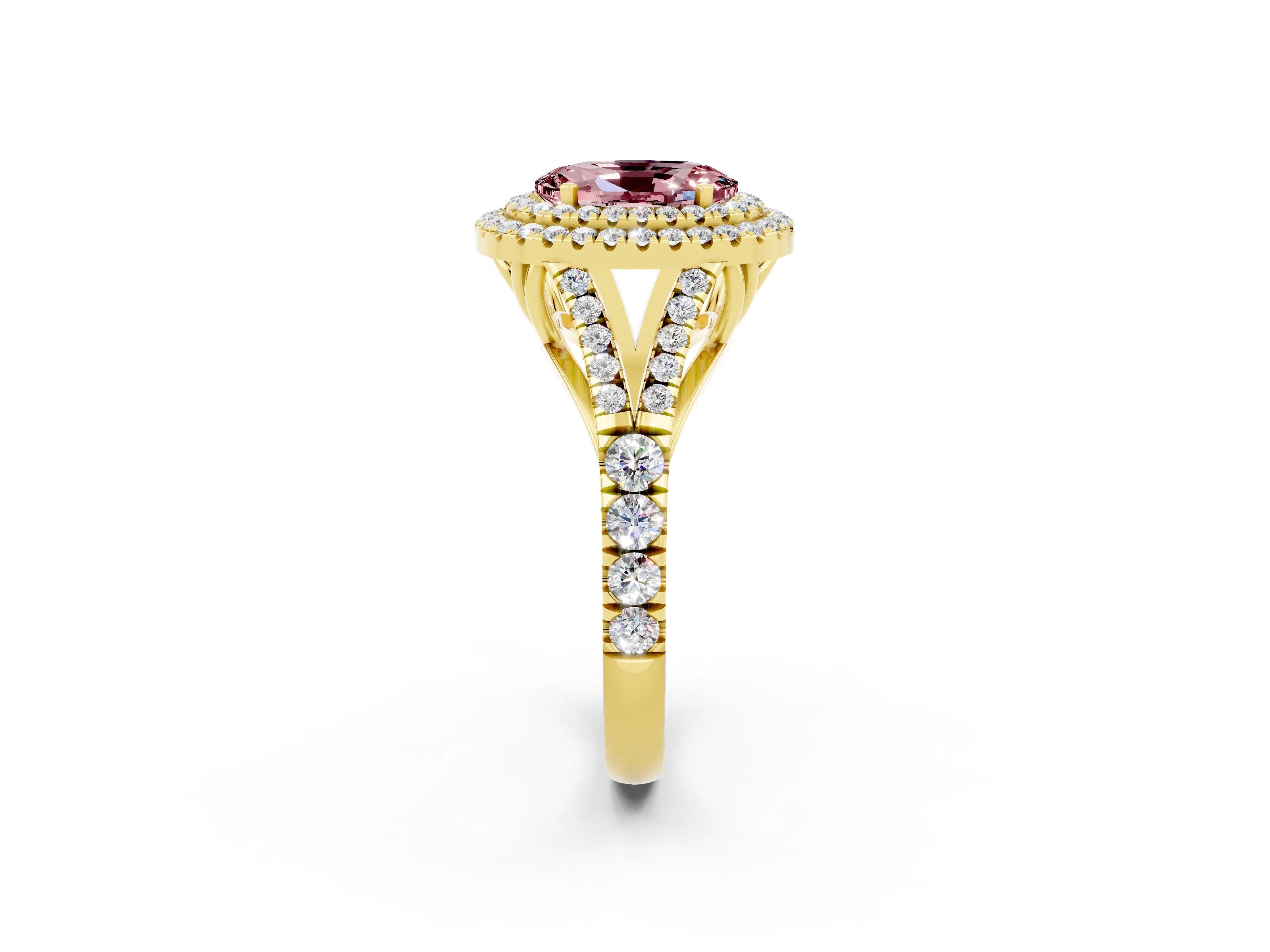 Yellow gold Oval Cut Morganite Double Halo Ring with Split Shank and Prong Setting_14