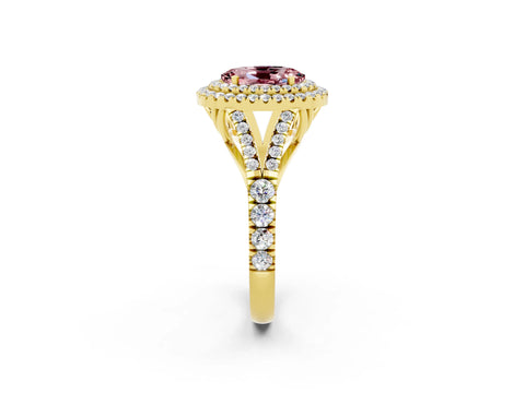 Yellow gold Oval Cut Morganite Double Halo Ring with Split Shank and Prong Setting_14
