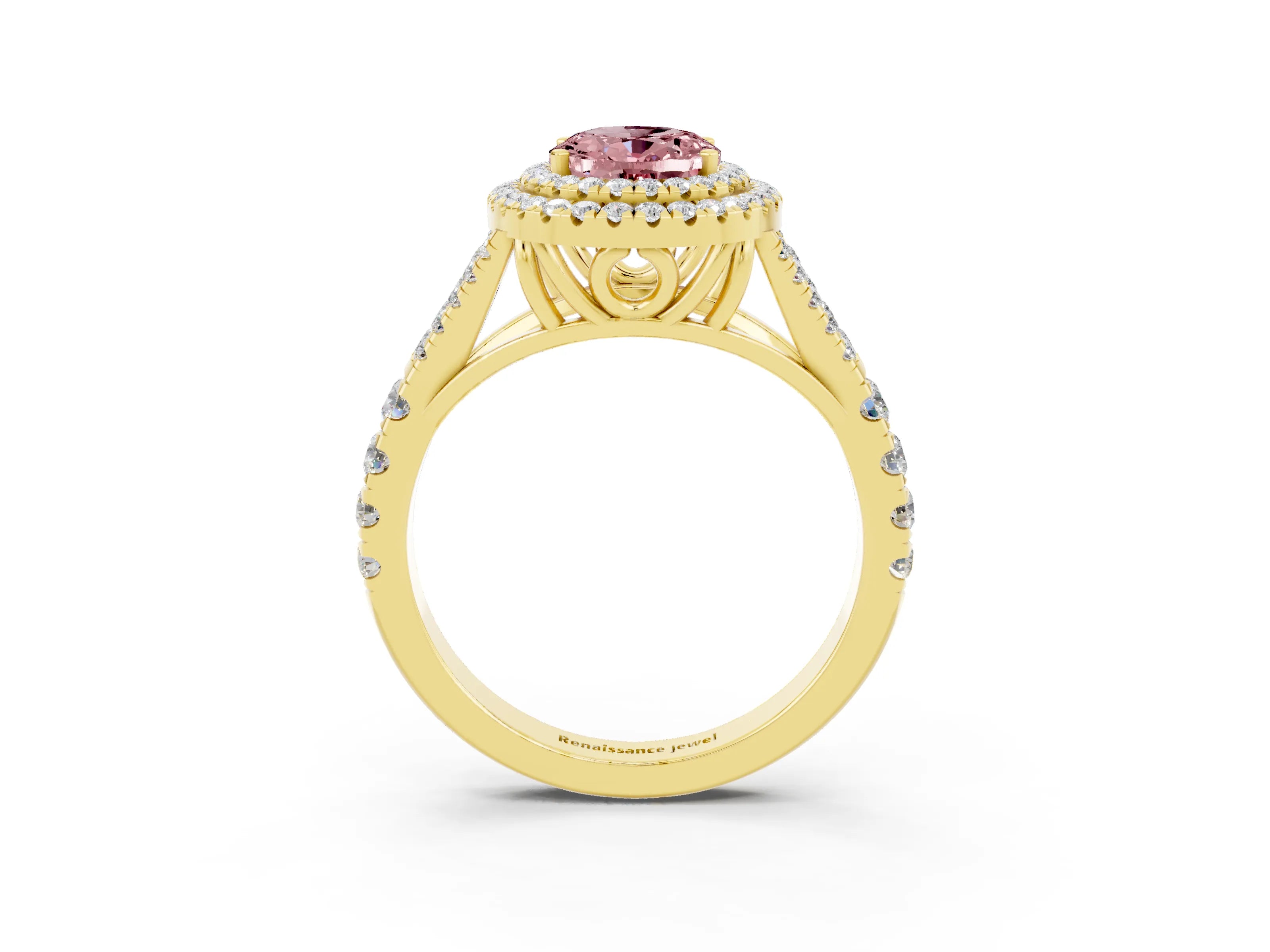 Yellow gold Oval Cut Morganite Double Halo Ring with Split Shank and Prong Setting_15