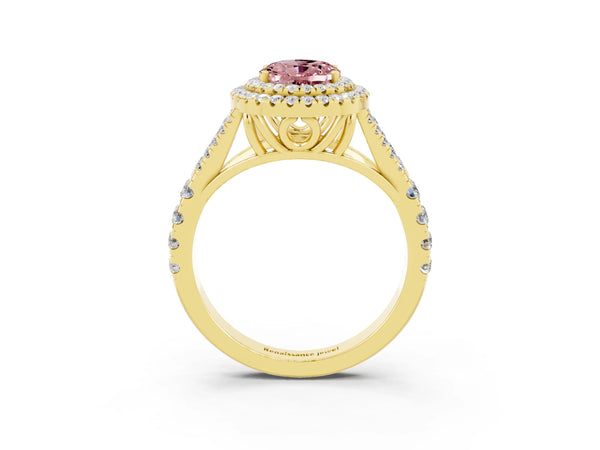 Yellow gold Oval Cut Morganite Double Halo Ring with Split Shank and Prong Setting
