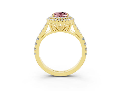 Yellow gold Oval Cut Morganite Double Halo Ring with Split Shank and Prong Setting_15