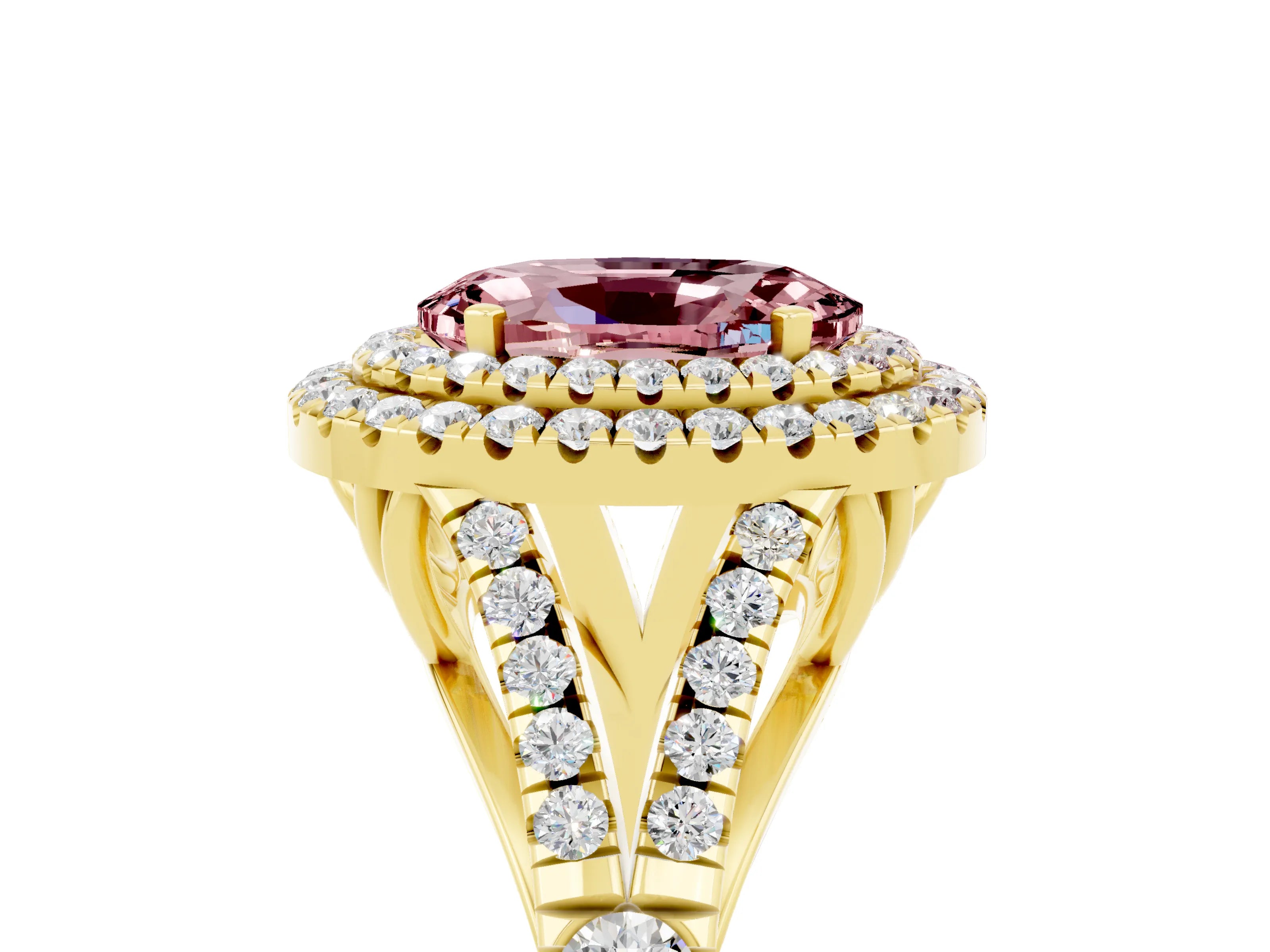 Yellow gold Oval Cut Morganite Double Halo Ring with Split Shank and Prong Setting_17