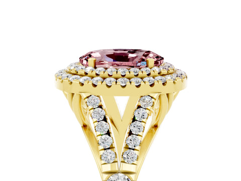Yellow gold Oval Cut Morganite Double Halo Ring with Split Shank and Prong Setting_17