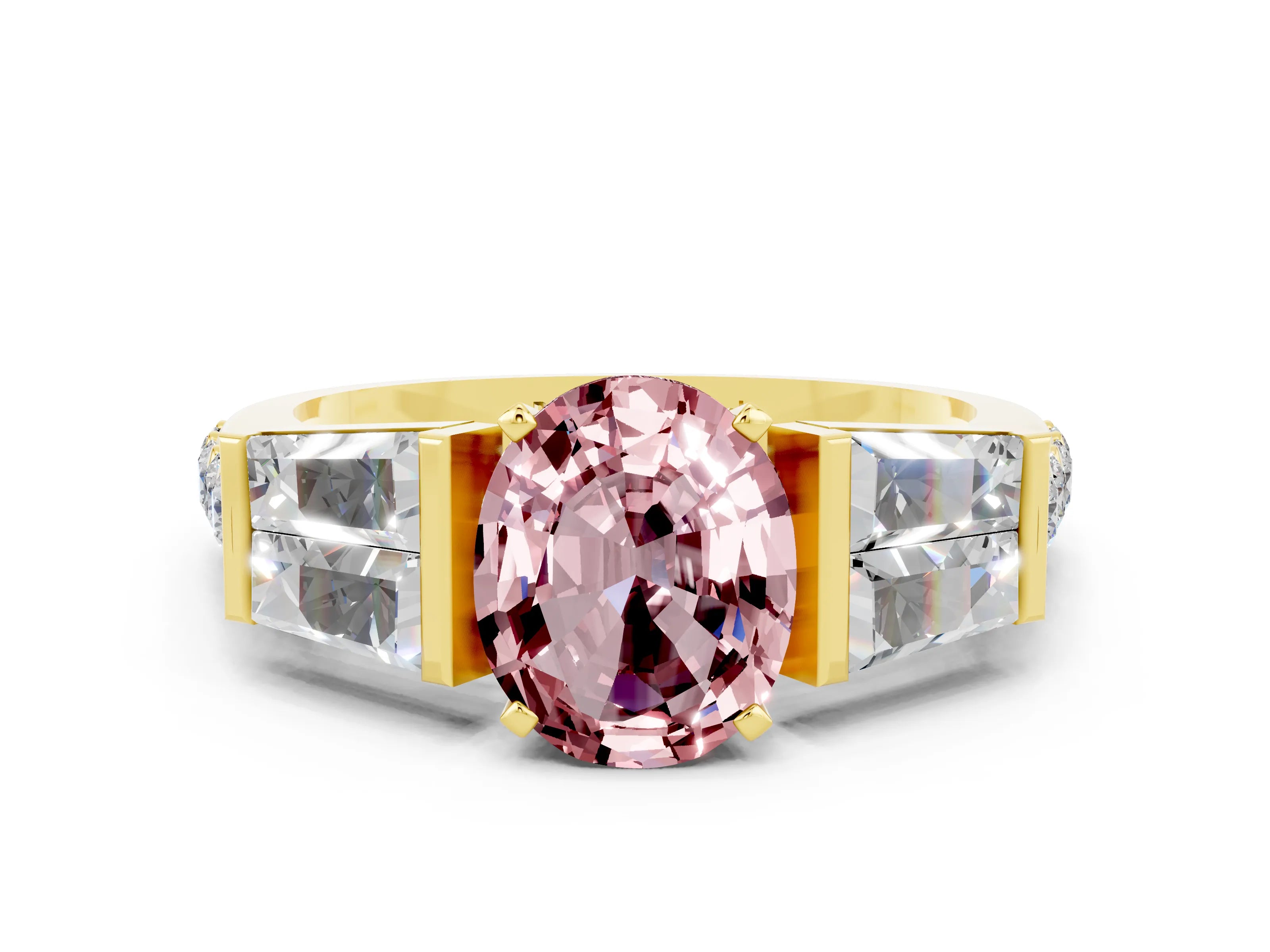 Yellow gold Oval Cut Morganite Engagement Ring with Baguette Side Stones and Channel Set Band