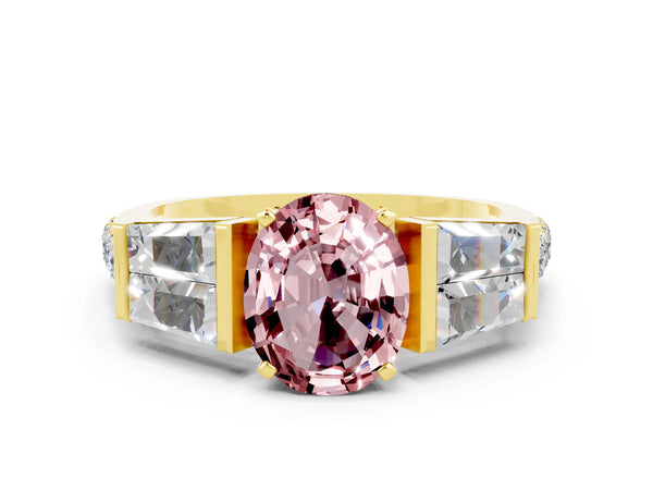 Yellow gold Oval Cut Morganite Engagement Ring with Baguette Side Stones and Channel Set Band
