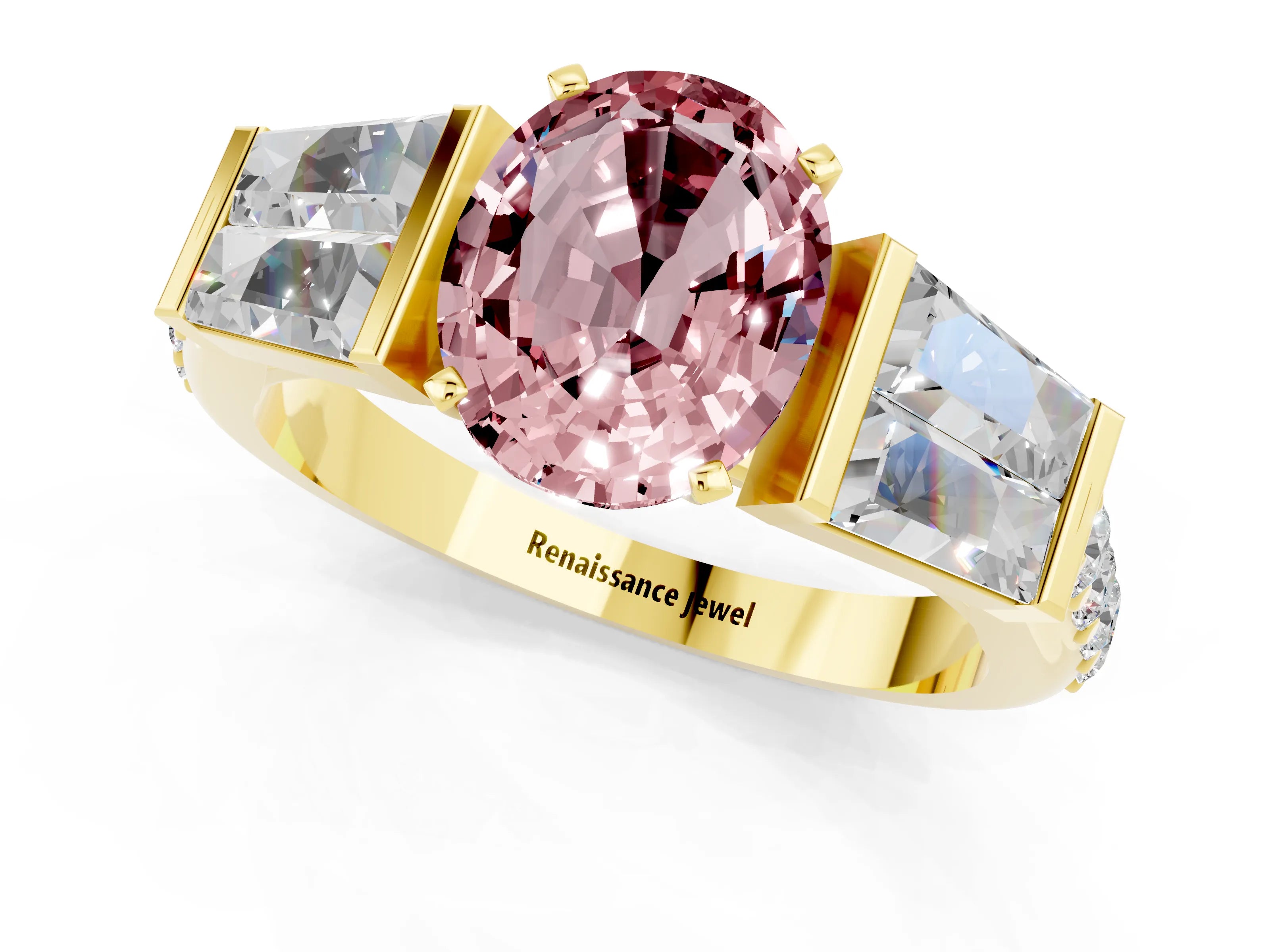 Yellow gold Oval Cut Morganite Engagement Ring with Baguette Side Stones and Channel Set Band_1