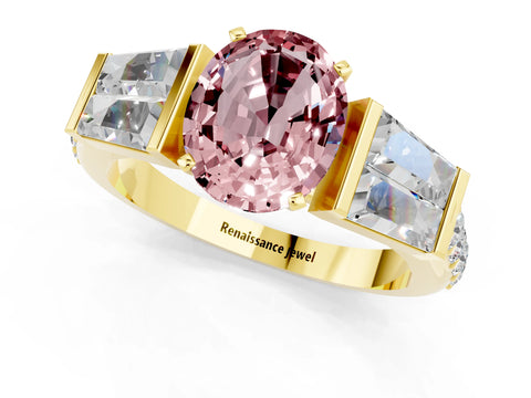 Yellow gold Oval Cut Morganite Engagement Ring with Baguette Side Stones and Channel Set Band_1