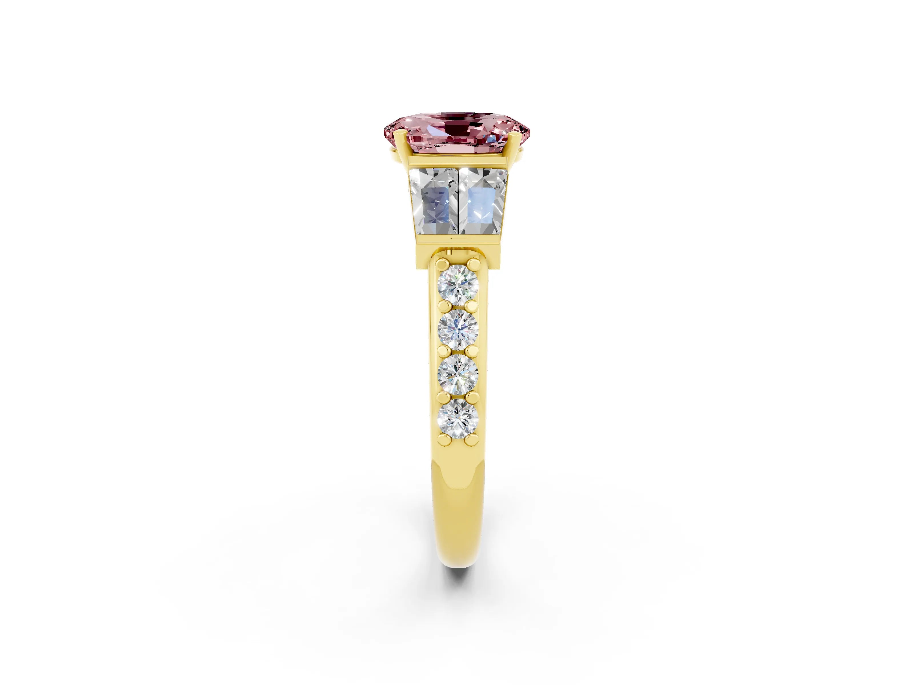 Yellow gold Oval Cut Morganite Engagement Ring with Baguette Side Stones and Channel Set Band_2