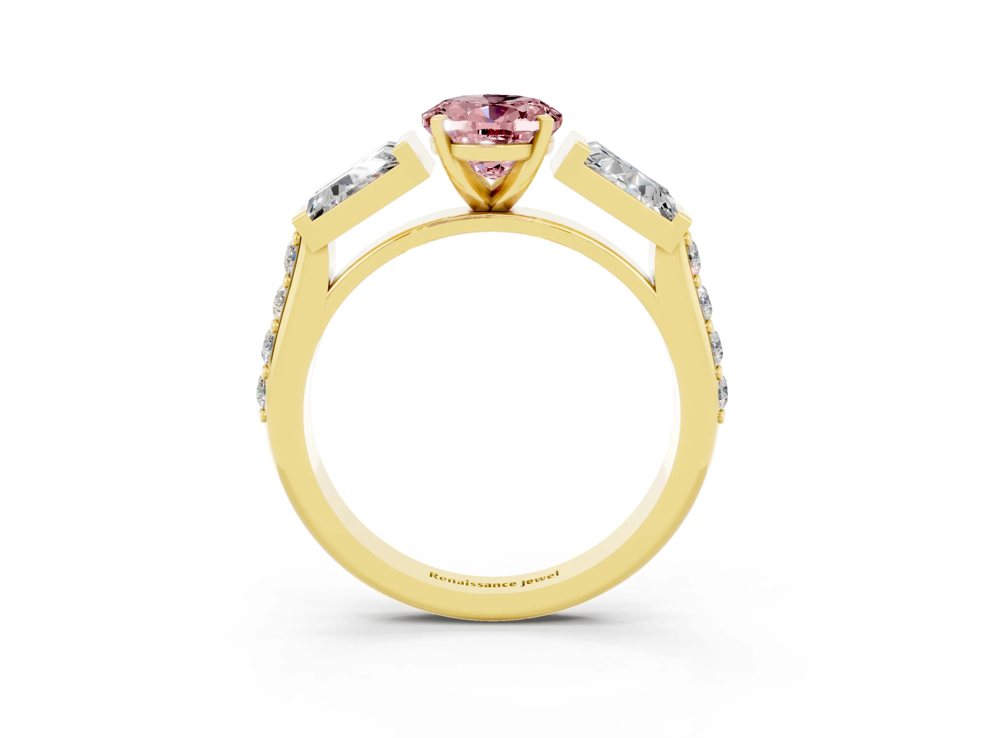 Yellow gold Oval Cut Morganite Engagement Ring with Baguette Side Stones and Channel Set Band_3