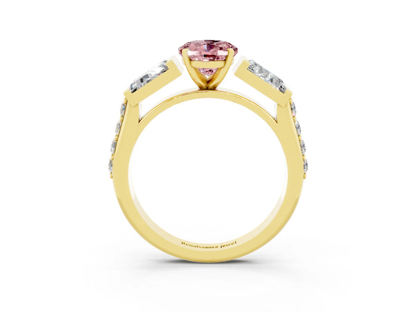 Yellow gold Oval Cut Morganite Engagement Ring with Baguette Side Stones and Channel Set Band
